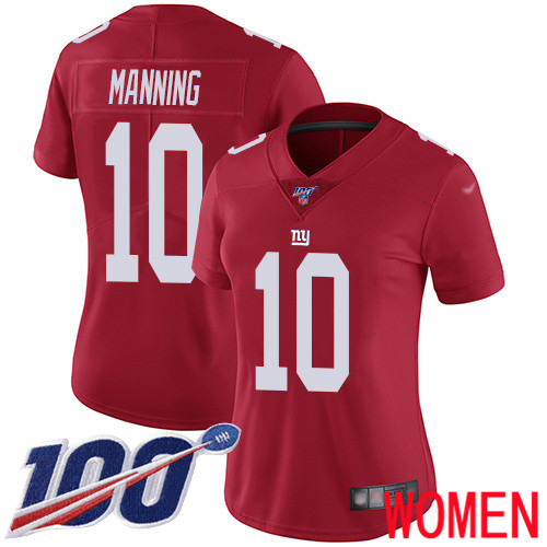 Women New York Giants #10 Eli Manning Red Limited Red Inverted Legend 100th Season Football NFL Jersey